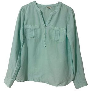 Linen Talbots Light Aqua Green Two Pocket VNeck Blouse Size Large